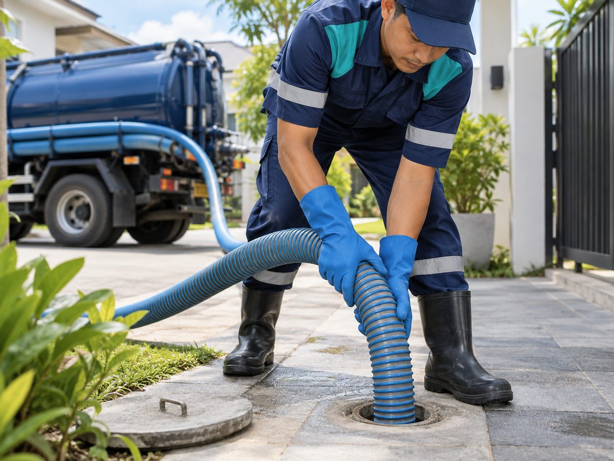 Proses sedot WC dan septic tank oleh tim Lancar Jaya